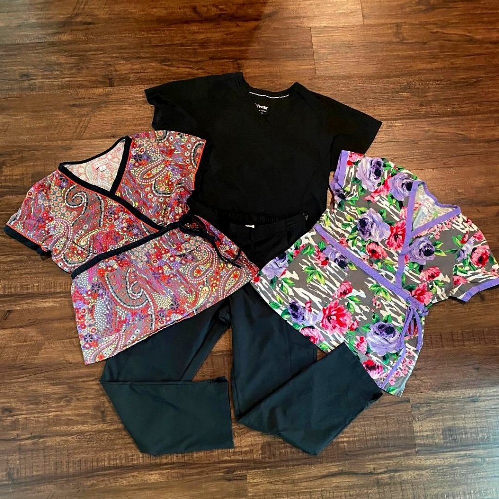 SCRUBS - Black Scrubs + 2 KOI Tops! Size LARGE! Like New!